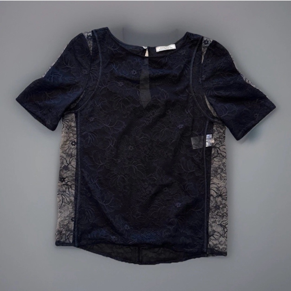 Nina Ricci Lace Silk Top Sz XS EU 34 Black Short Sleeve Designer Made In France